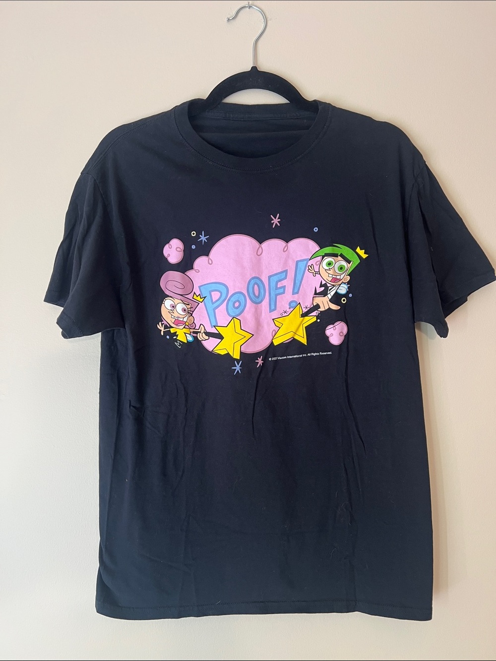 Kids Black 'Poof!' Graphic Tee featuring Pink & Yellow Cartoon Stars
